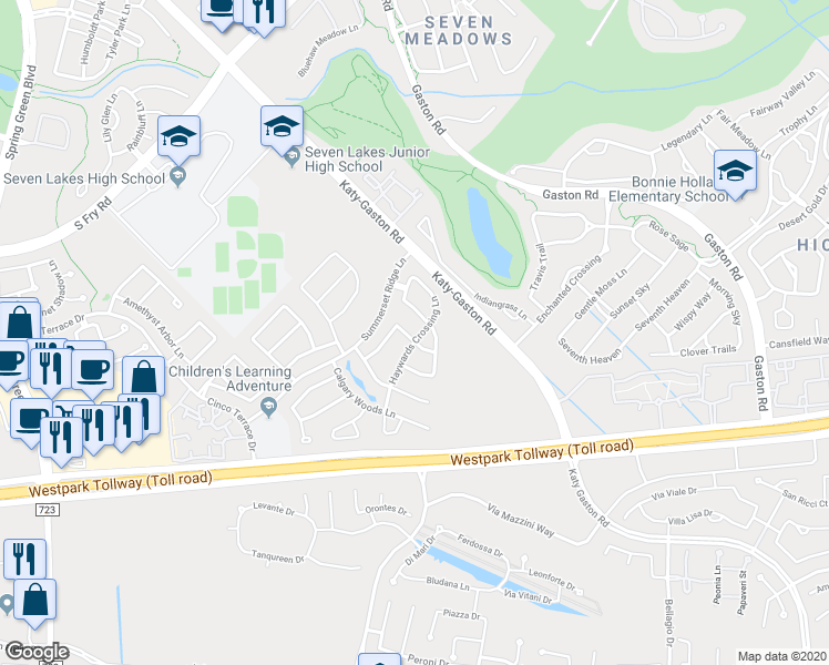 map of restaurants, bars, coffee shops, grocery stores, and more near 6323 Guilford Glen Lane in Katy