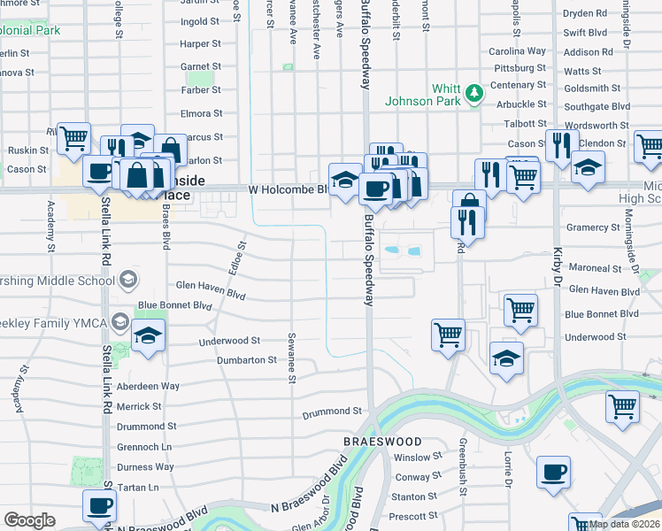 map of restaurants, bars, coffee shops, grocery stores, and more near 3355 Bellefontaine in Houston