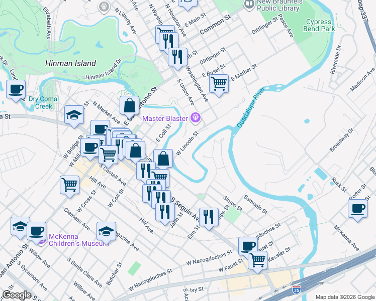 map of restaurants, bars, coffee shops, grocery stores, and more near Other Pl Dr in New Braunfels