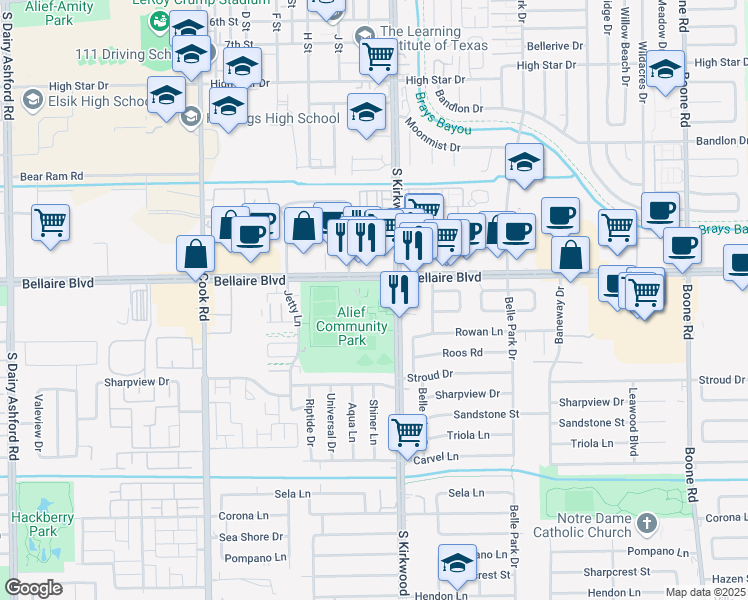 map of restaurants, bars, coffee shops, grocery stores, and more near 11903 Bellaire Boulevard in Houston