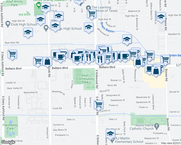 map of restaurants, bars, coffee shops, grocery stores, and more near 11903 Bellaire Boulevard in Houston