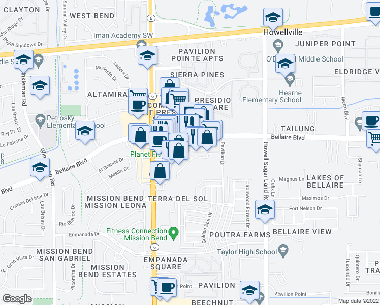 map of restaurants, bars, coffee shops, grocery stores, and more near 14451 Bellaire Boulevard in Houston