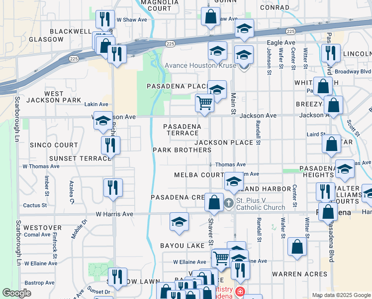 map of restaurants, bars, coffee shops, grocery stores, and more near 211 West Texas Avenue in Pasadena