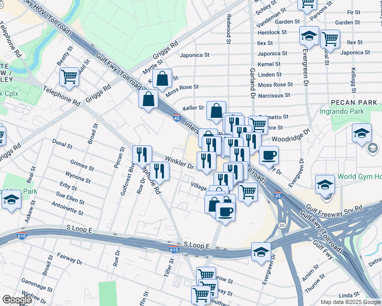 map of restaurants, bars, coffee shops, grocery stores, and more near in Houston