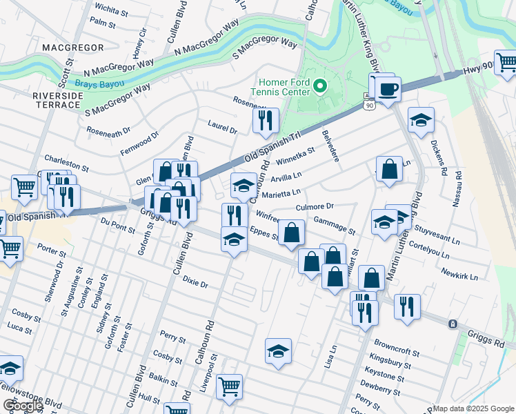 map of restaurants, bars, coffee shops, grocery stores, and more near 4702 Marietta Lane in Houston