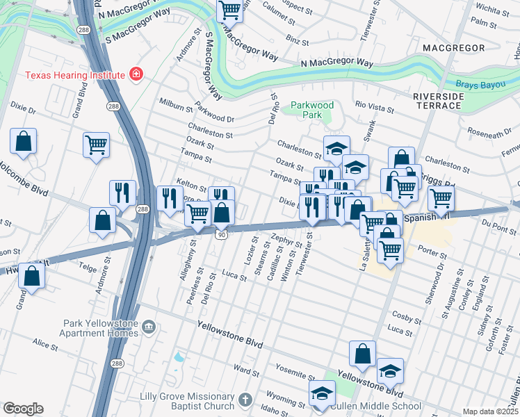 map of restaurants, bars, coffee shops, grocery stores, and more near 6318 Illinois Street in Houston