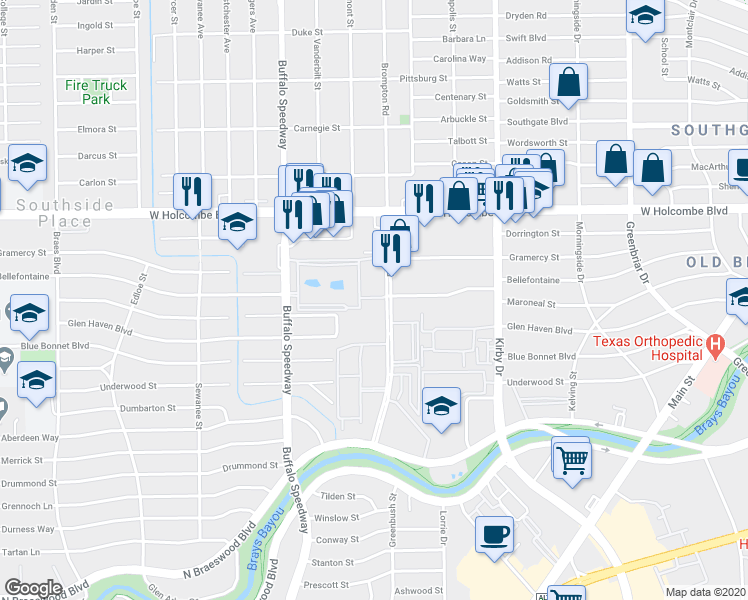 map of restaurants, bars, coffee shops, grocery stores, and more near 7300 Brompton Street in Houston