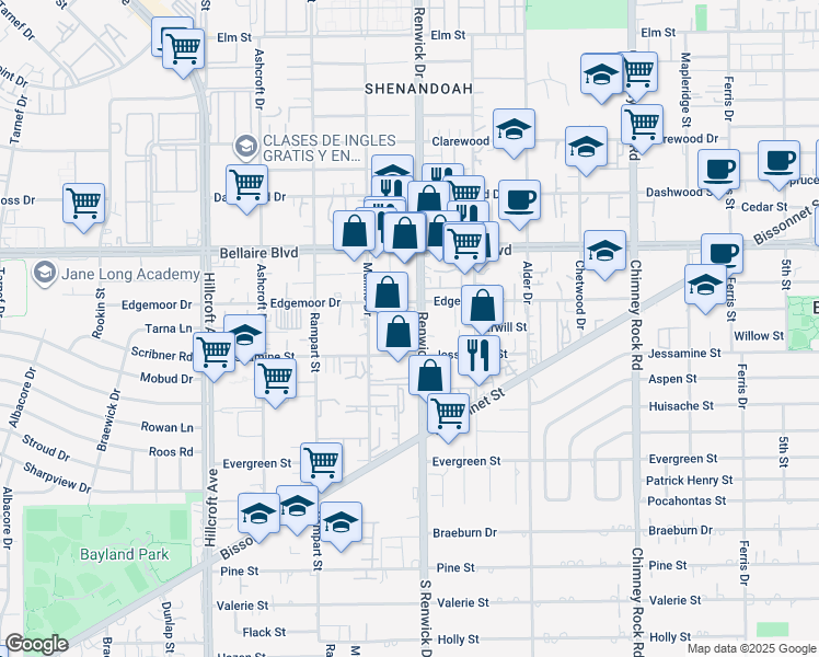 map of restaurants, bars, coffee shops, grocery stores, and more near 5904 Jessamine Street in Houston