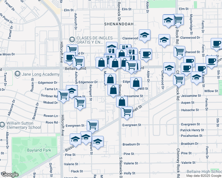 map of restaurants, bars, coffee shops, grocery stores, and more near 5904 Jessamine St in Houston