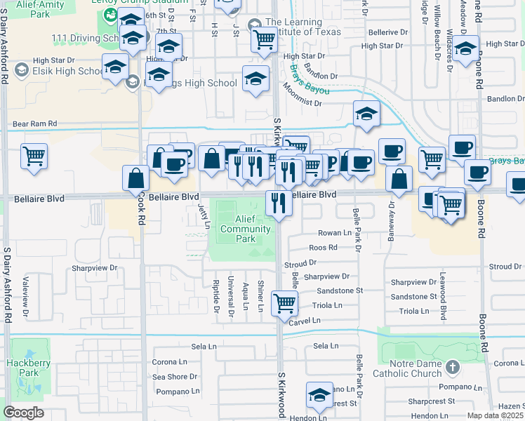 map of restaurants, bars, coffee shops, grocery stores, and more near 11903 Bellaire Boulevard in Houston