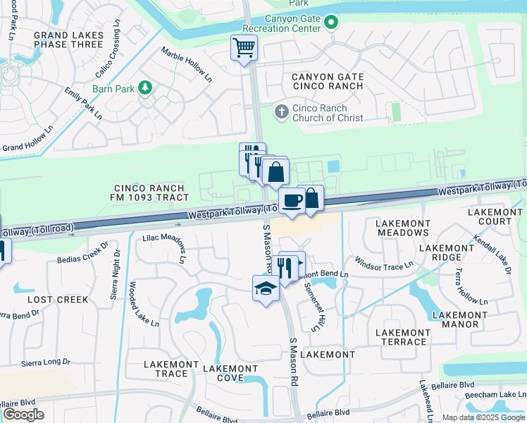 map of restaurants, bars, coffee shops, grocery stores, and more near 20714 Farm to Market 1093 Road in Katy