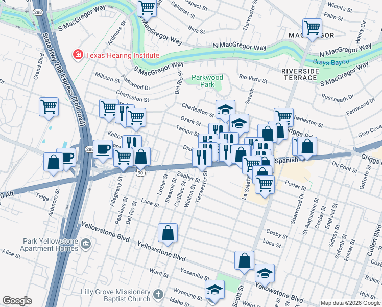map of restaurants, bars, coffee shops, grocery stores, and more near 3501 Dixie Drive in Houston