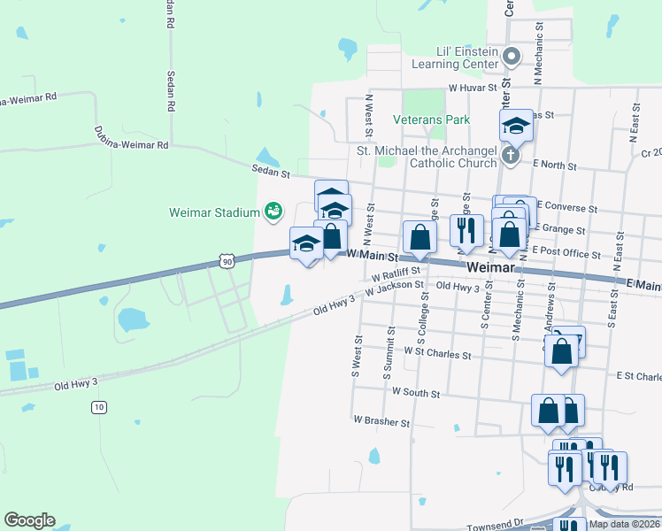 map of restaurants, bars, coffee shops, grocery stores, and more near 511 West Main Street in Weimar