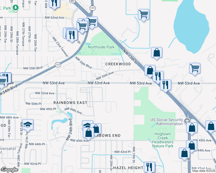 map of restaurants, bars, coffee shops, grocery stores, and more near 5135 Northwest 21st Street in Gainesville