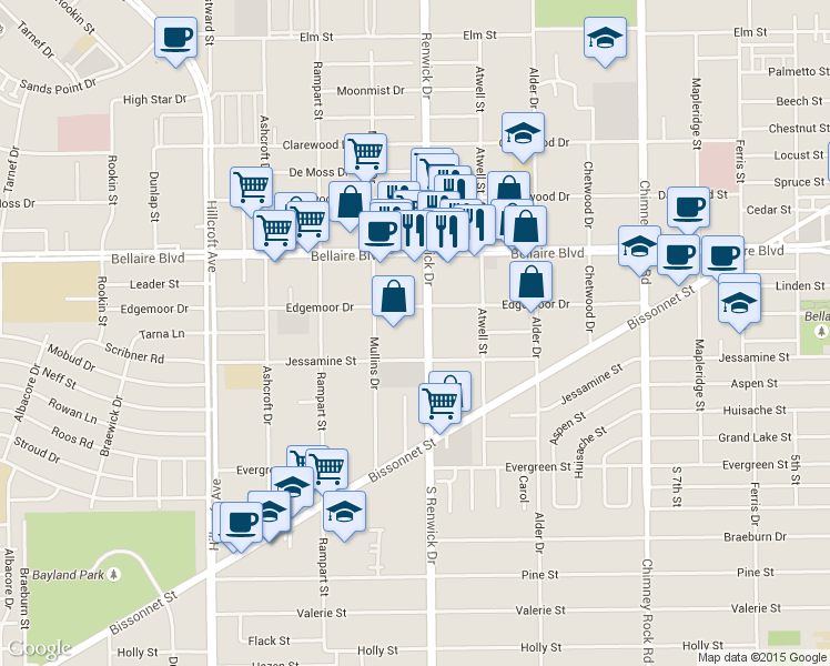 map of restaurants, bars, coffee shops, grocery stores, and more near 5904 Jessamine Street in Houston