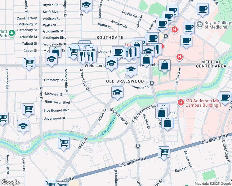map of restaurants, bars, coffee shops, grocery stores, and more near 6750 South Main Street in Houston
