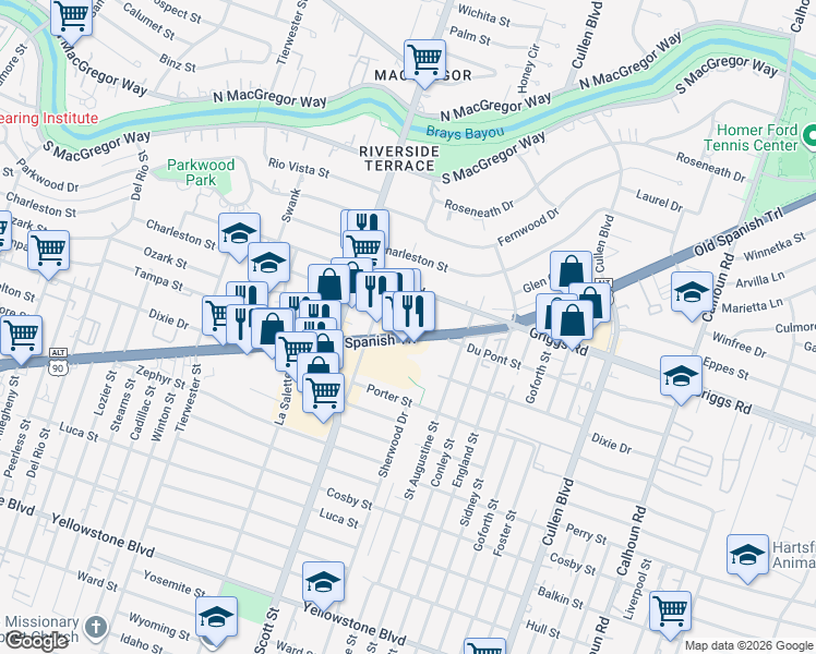 map of restaurants, bars, coffee shops, grocery stores, and more near 3929 Old Spanish Trail in Houston