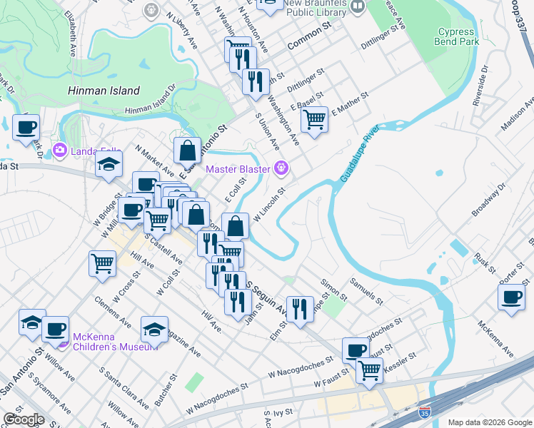 map of restaurants, bars, coffee shops, grocery stores, and more near 401 West Lincoln Street in New Braunfels