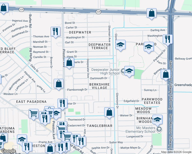 map of restaurants, bars, coffee shops, grocery stores, and more near 3211 Dartmouth Drive in Pasadena