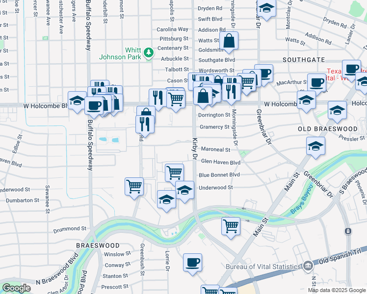 map of restaurants, bars, coffee shops, grocery stores, and more near 2600 Bellefontaine in Houston