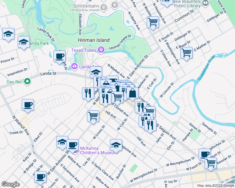 map of restaurants, bars, coffee shops, grocery stores, and more near Main Plaza in New Braunfels