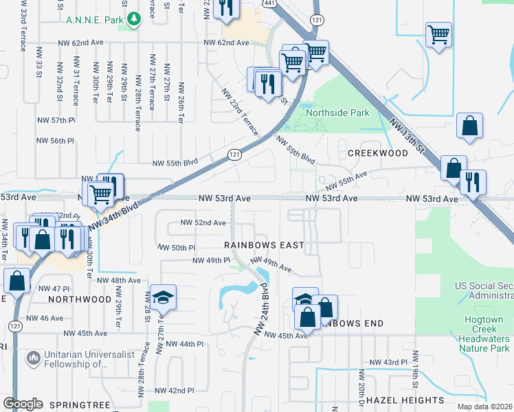 map of restaurants, bars, coffee shops, grocery stores, and more near 2418 Northwest 52nd Place in Gainesville