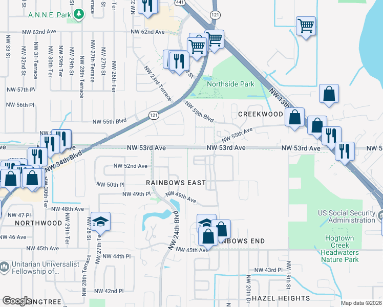 map of restaurants, bars, coffee shops, grocery stores, and more near 2296 Northwest 52 Place in Gainesville
