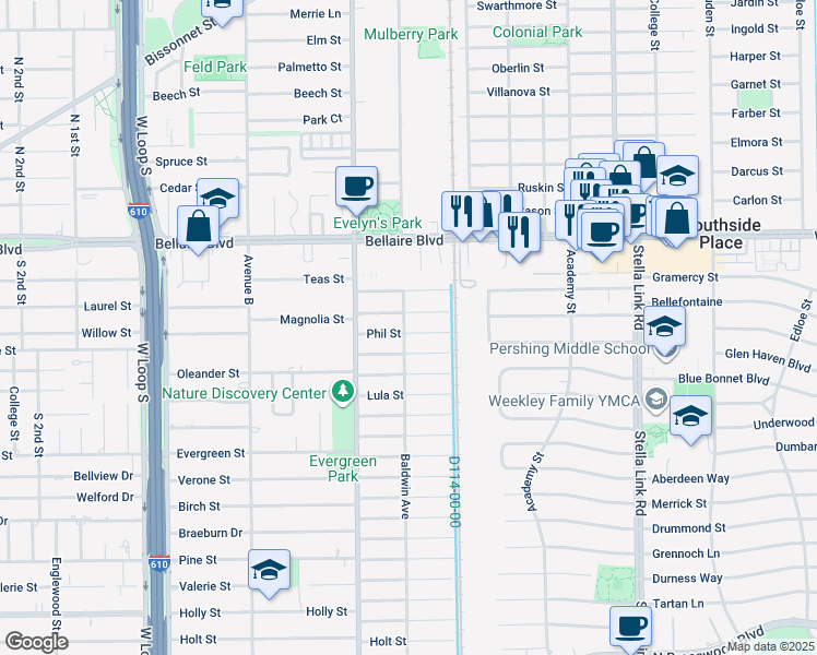 map of restaurants, bars, coffee shops, grocery stores, and more near 4400 Phil Street in Bellaire