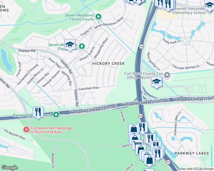 map of restaurants, bars, coffee shops, grocery stores, and more near 6903 Glen Rosa Drive in Katy
