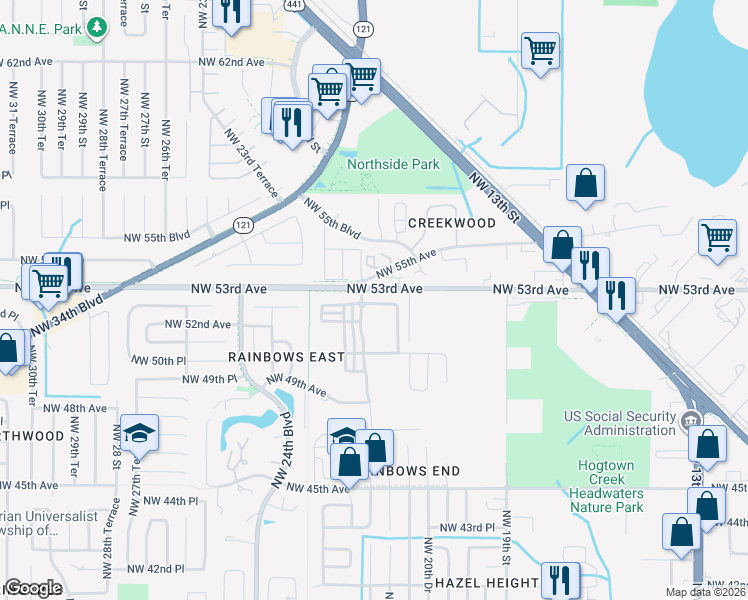 map of restaurants, bars, coffee shops, grocery stores, and more near 2162 Northwest 52nd Place in Gainesville
