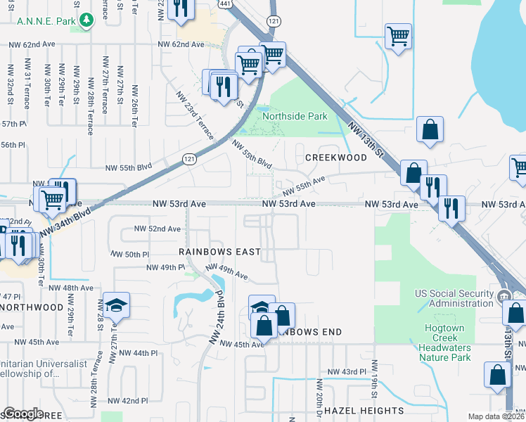 map of restaurants, bars, coffee shops, grocery stores, and more near 2240 52nd Place in Gainesville