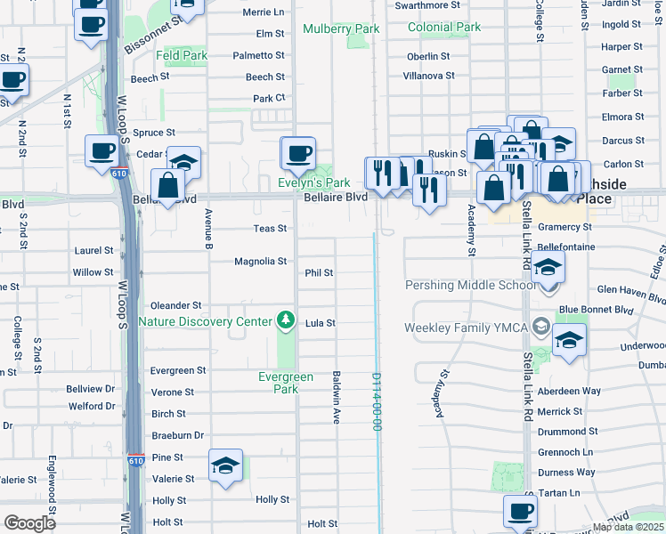 map of restaurants, bars, coffee shops, grocery stores, and more near 4400 Phil Street in Bellaire