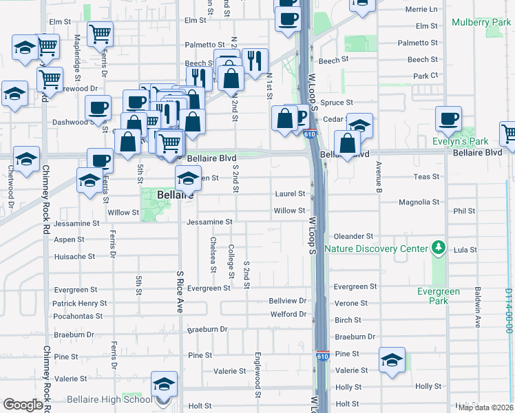 map of restaurants, bars, coffee shops, grocery stores, and more near 4808 Willow Street in Bellaire