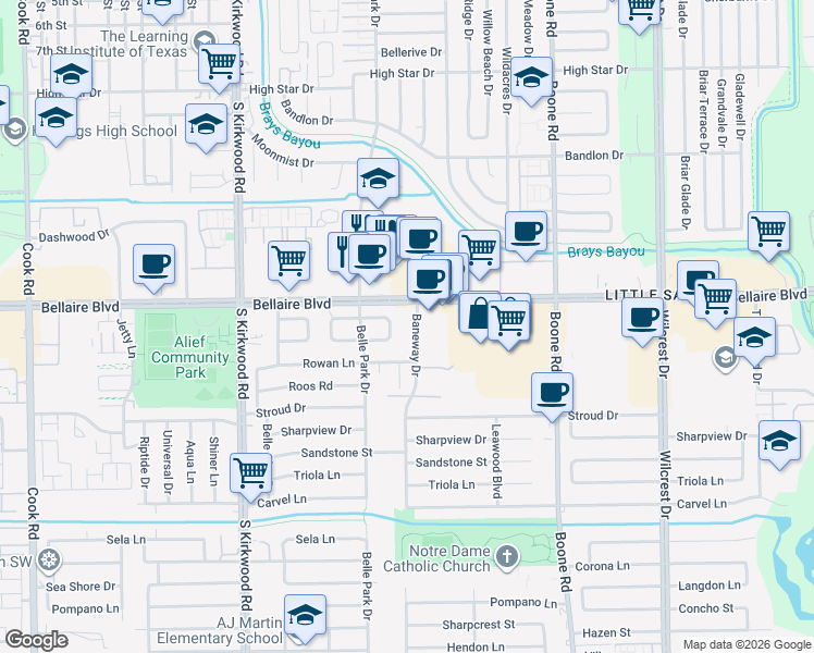 map of restaurants, bars, coffee shops, grocery stores, and more near 6810 Baneway Drive in Houston