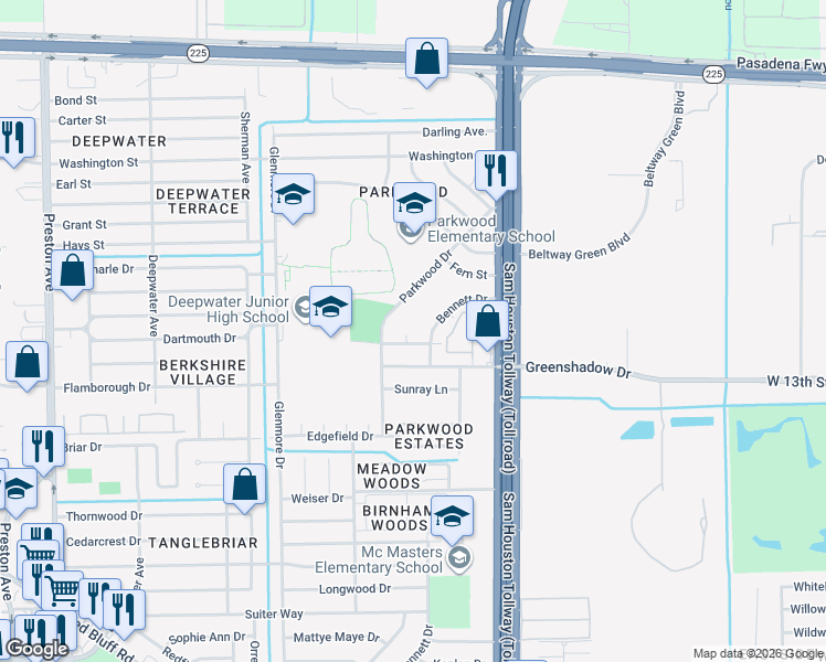 map of restaurants, bars, coffee shops, grocery stores, and more near 504 Garden Way Lane in Pasadena