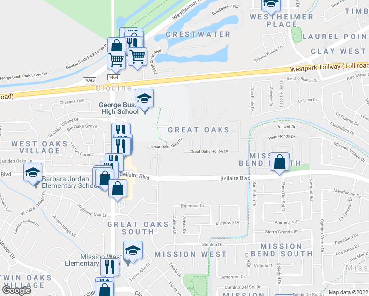map of restaurants, bars, coffee shops, grocery stores, and more near 16726 Great Oaks Hollow Drive in Houston
