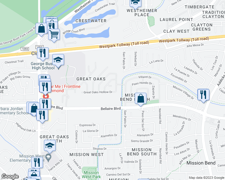 map of restaurants, bars, coffee shops, grocery stores, and more near 16414 Great Oaks Hollow Drive in Houston