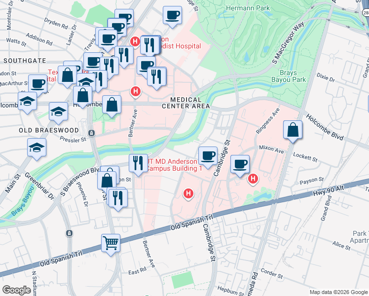 map of restaurants, bars, coffee shops, grocery stores, and more near 1755 Wyndale Street in Houston