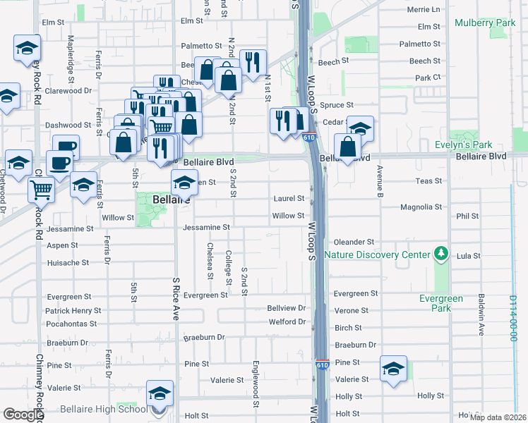 map of restaurants, bars, coffee shops, grocery stores, and more near 4808 Willow Street in Bellaire