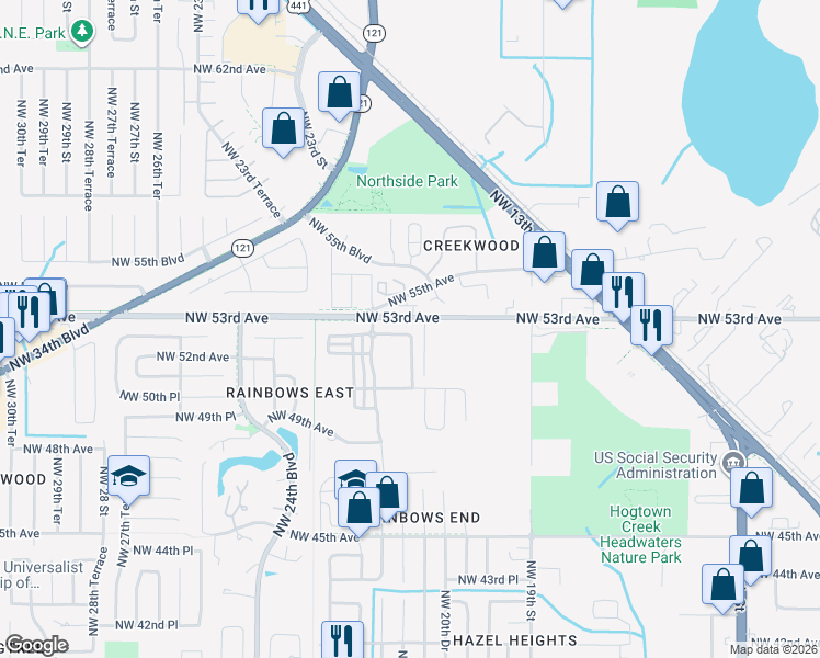 map of restaurants, bars, coffee shops, grocery stores, and more near 5135 Northwest 21st Street in Gainesville