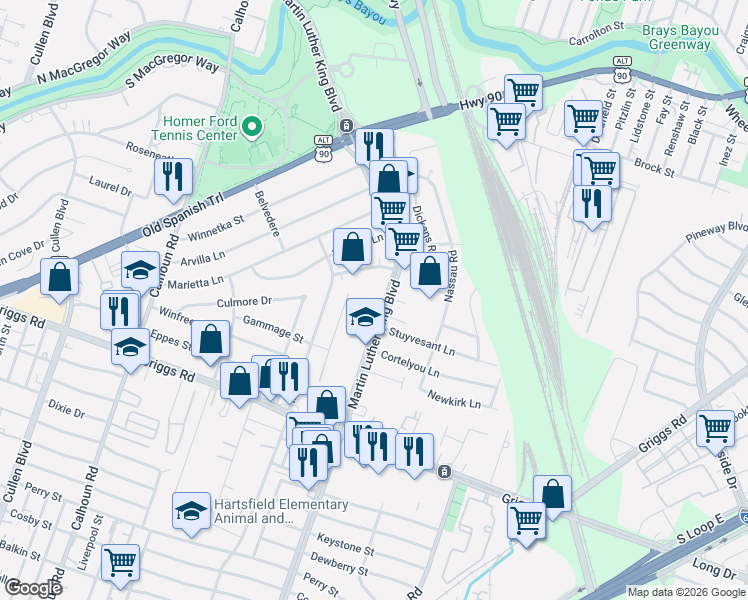 map of restaurants, bars, coffee shops, grocery stores, and more near 5306 Martin Luther King Boulevard in Houston