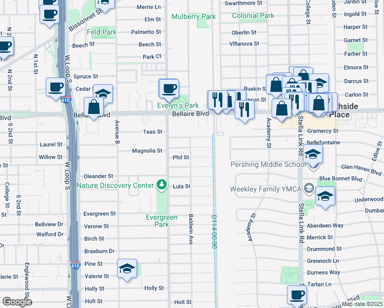 map of restaurants, bars, coffee shops, grocery stores, and more near 4400 Phil Street in Bellaire