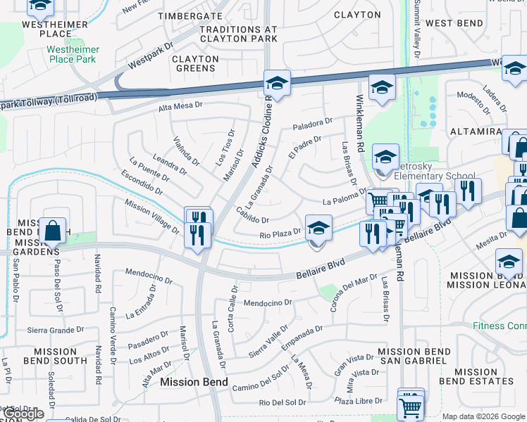 map of restaurants, bars, coffee shops, grocery stores, and more near 15511 Monte Vista Drive in Houston