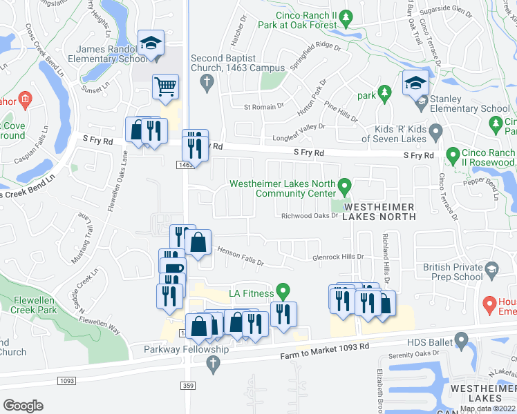 map of restaurants, bars, coffee shops, grocery stores, and more near 6135 Norwood Meadows Lane in Katy
