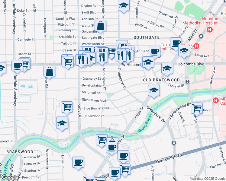 map of restaurants, bars, coffee shops, grocery stores, and more near 2342 Maroneal Street in Houston