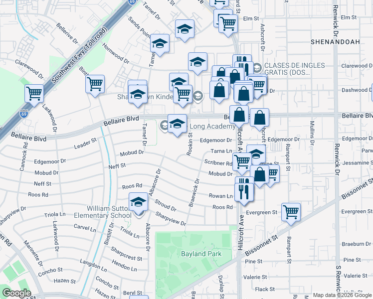 map of restaurants, bars, coffee shops, grocery stores, and more near 7010 Rookin Street in Houston
