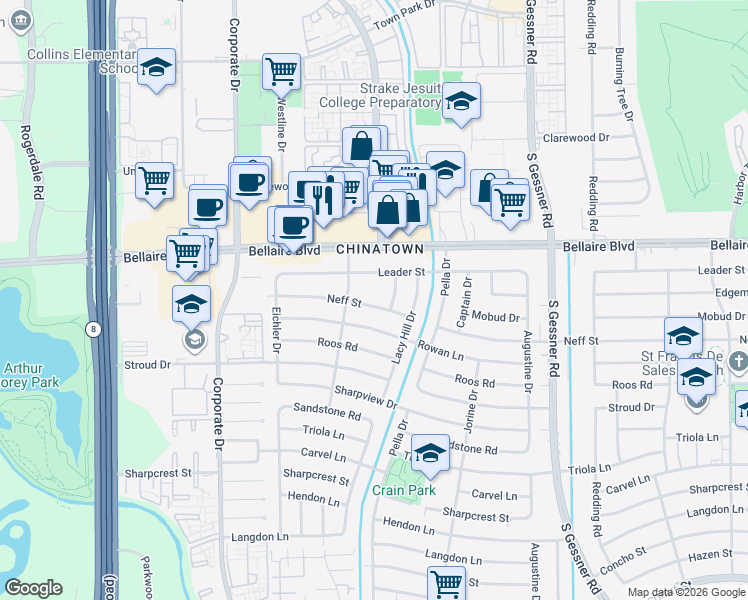 map of restaurants, bars, coffee shops, grocery stores, and more near 9230 Neff Street in Houston