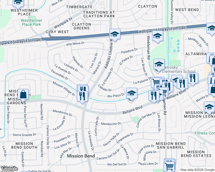 map of restaurants, bars, coffee shops, grocery stores, and more near 15511 Monte Vista Drive in Houston
