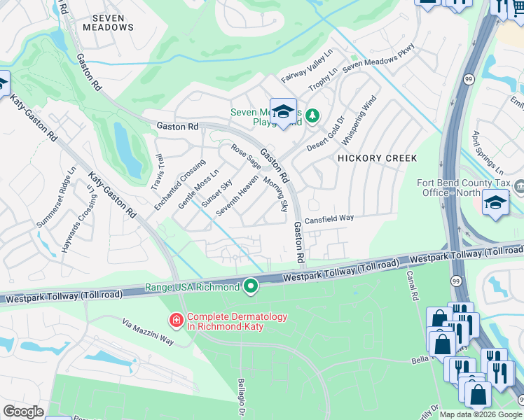 map of restaurants, bars, coffee shops, grocery stores, and more near 23811 Flower Bud in Katy