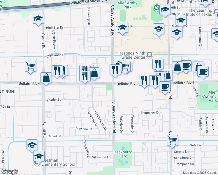 map of restaurants, bars, coffee shops, grocery stores, and more near 6900 South Dairy Ashford Road in Houston